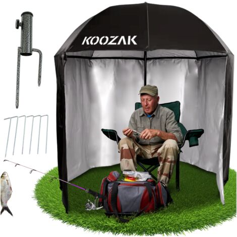 Parasol de pêche étanche 165 cm – Protection UV – Mâts télescopiques – Housse avec ancrages en acier – 2 en 1 tente/parasol