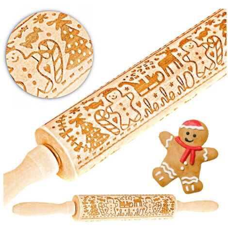 Rouleau à pâtisserie en bois orné de motifs de Noël et de gravures décoratives (1/5)