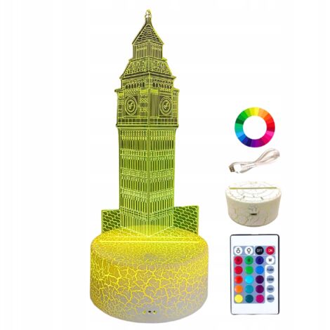 Lampe de chevet pour enfants, motif Big Ben (Londres), 16 LED 3D + télécommande (1/5)