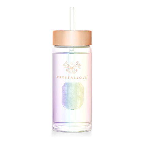 Bouteille d'eau en verre CRYSTALLOVE avec cristal de roche et paille 400 ml - Hologramme (1/5)