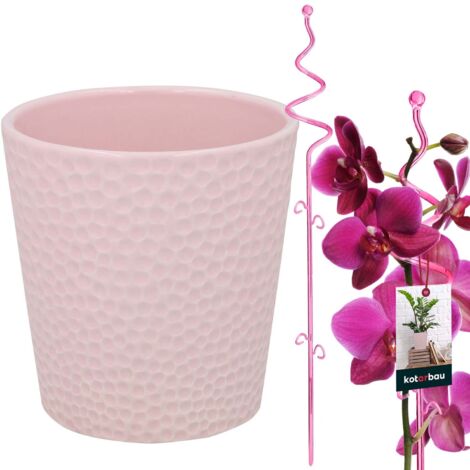 Ensemble KOTARBAU® de pots de fleurs roses de 15 cm avec support rose de 58 cm pour fleurs, pots en céramique et supports en plastique pour plantes, ensemble pour orchidées (1/5)