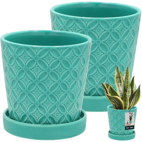 KOTARBAU® Lot de 2 pots de fleurs ronds turquoise de 13 cm avec soucoupe, en céramique émaillée, pour fleurs et herbes aromatiques. Cache-pot inclus. (1/5)