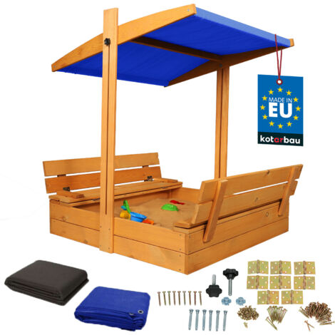 KOTARBAU® Bac à Sable Enfant Extérieur Bois de Pin 100x100 cm Marron Bac à Sable avec Couvercle et Bancs Pliables Protection Solaire avec Toit Bleu