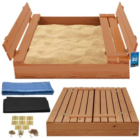 KOTARBAU® Bac à Sable Enfant Extérieur Bois 100x100 cm Marron avec Couvercle et Bancs Bac à Sable Refermable Imprégné Avec Tissu Anti-Mauvaises Herbes