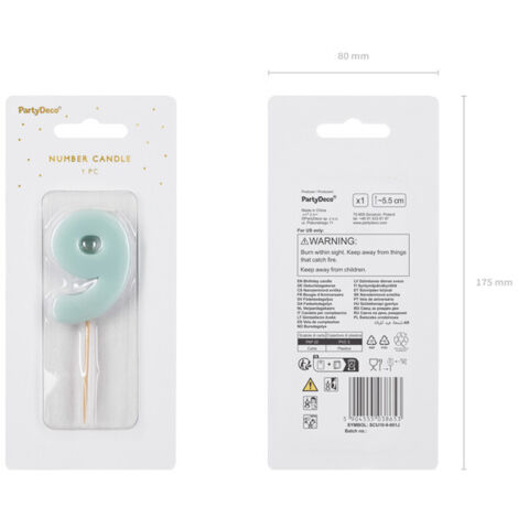 Bougie d'anniversaire numéro 9, bleu clair, 5,5 cm (1 carton / 24 pièces) (1/2)