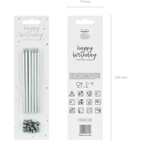 Bougies d'anniversaire lisses, argentées, 12,5 cm (1 paquet / 12 pièces) (1/4)