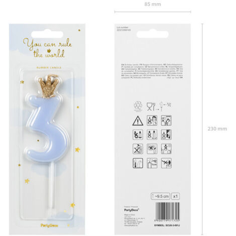 Bougie d'anniversaire numéro 3 avec couronne, bleu clair
