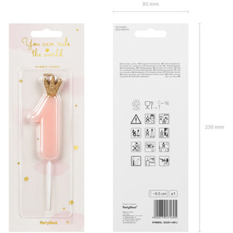 Bougie d'anniversaire numéro 1 avec couronne, rose clair