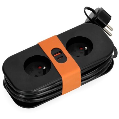 Rallonge électrique, 2 prises, 230 V + USB, 1,4 m, avec terre, câble noir 3 x 1,5 mm (1/4)