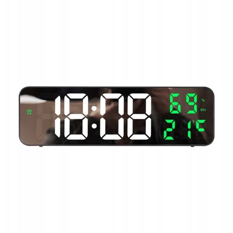 Horloge murale LED, affichage de la température et de l'humidité, format 12/24, miroir vert, variateur (1/5)