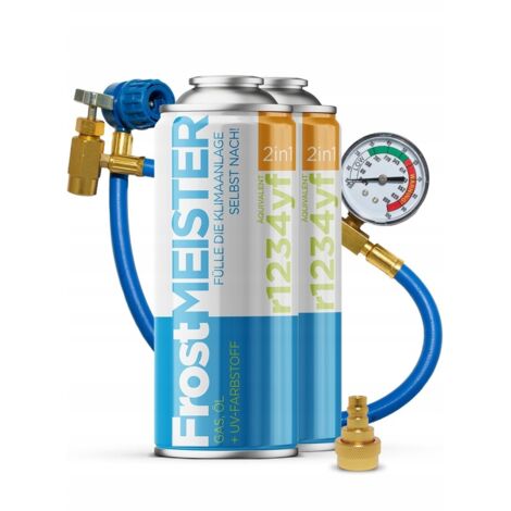 FROSTMEISTER  Self-service A/C service set, 2in1 400ml - 2x R1234yf can + Hose with pressure gauge + Adapter