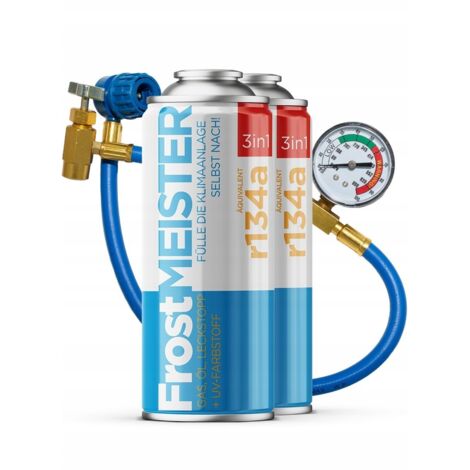 FROSTMEISTER 3en1 400ml - 2x Canette R134a + Tuyau avec manomètre KIT CLIMATISATION EN LIBRE-SERVICE
