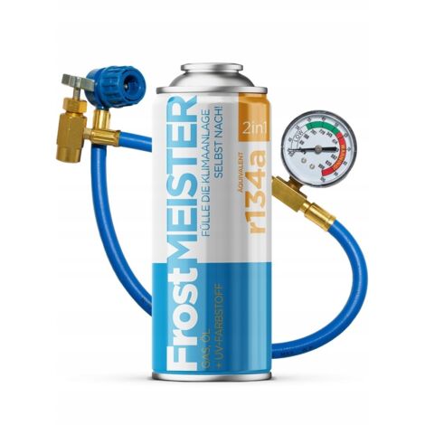 FrostMEISTER 2en1 400ml – R134a avec tuyau et manomètre – Remplissage rapide climatisation voiture – Compatible tous véhicules R134a (1/5)
