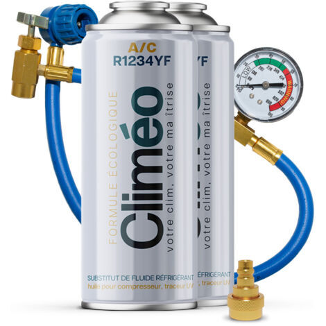 Climeo Réfrigérant écologique R1234yf 2x400ml + tuyau manomètre + adaptateur Service de climatisation en libre-service