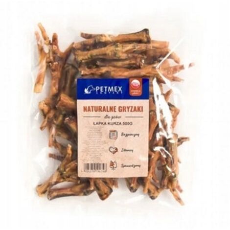 Friandises naturelles à mâcher pour chiens Petmex, pattes et pilons de poulet séchés 500 g