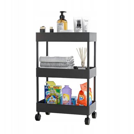 ÉTAGÈRE DE SALLE DE BAIN, ARMOIRE DE CUISINE, ÉTAGÈRE MOBILE, 3 niveaux de roulettes, NOIR (1/5)