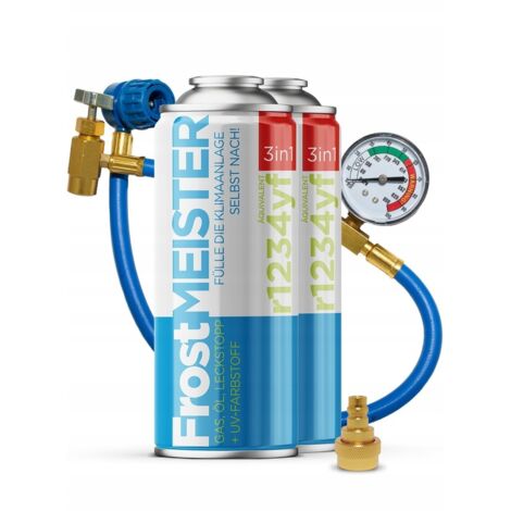 FROSTMEISTER Self-service A/C service set, 3in1 400ml - 2x R1234yf can + Hose with pressure gauge + Adapter