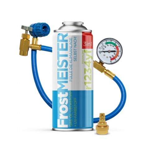 FROSTMEISTER Kit d'entretien de climatisation en libre-service, 3in1 400ml - Bidon R1234yf + Tuyau avec manomètre + Adaptateur