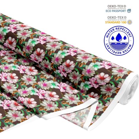 Tissu d'extérieur décoratif Oxford - motif fleurs roses sur fond marron I DR120 (1/5)