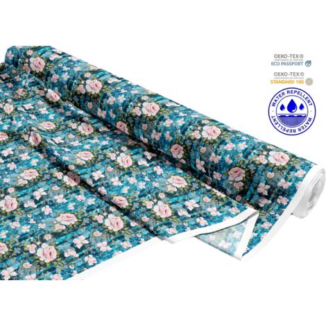 TISSUS DÉCORATIFS D'EXTÉRIEUR OXFORD - Motif roses sur rayures bleues I DR198 (1/5)