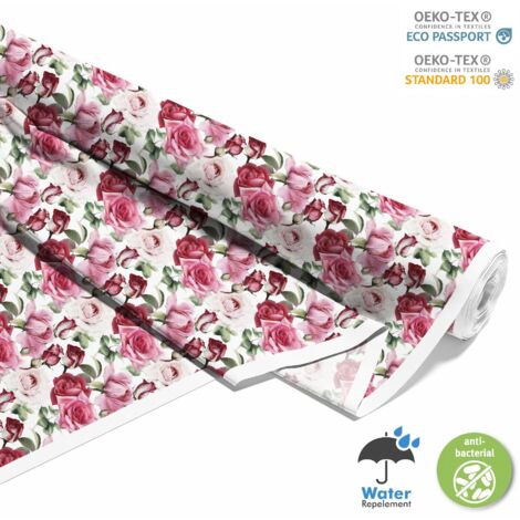 TISSUS DÉCORATIFS D'EXTÉRIEUR OXFORD - Motif roses sur fond blanc
