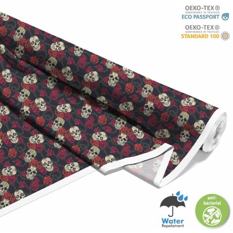 Tissu d'extérieur décoratif Oxford - motif crânes et roses épineuses I DX646 (1/5)
