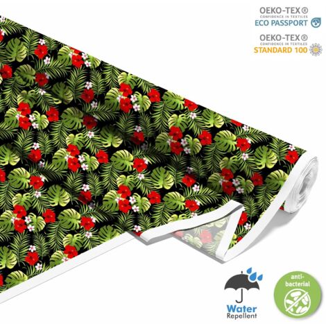 Tissu d'extérieur décoratif Oxford - motif Hibiscus rouge sur feuilles (1/5)
