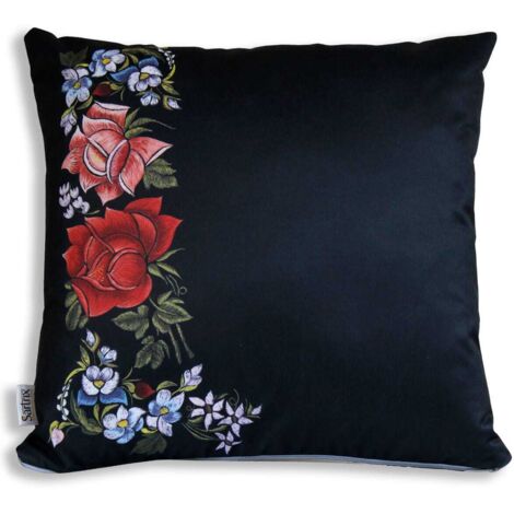 Taie d'oreiller folklorique de Łowicz, roses, noir (1/2)