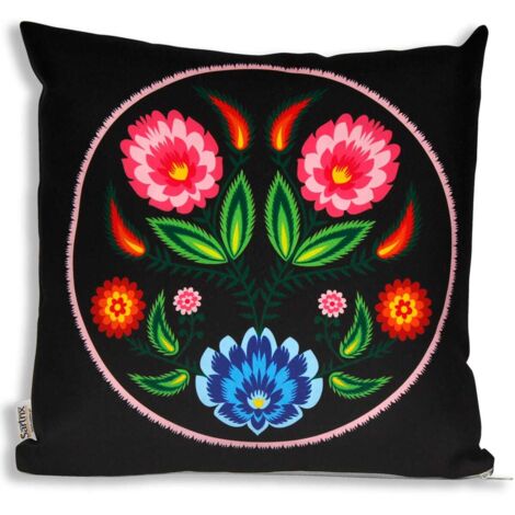 Taie d'oreiller folklorique de Łowicz, fleurs roses, découpe, noir (1/2)