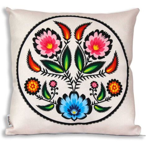 Taie d'oreiller folklorique de Łowicz, fleurs roses, décolleté beige (1/2)