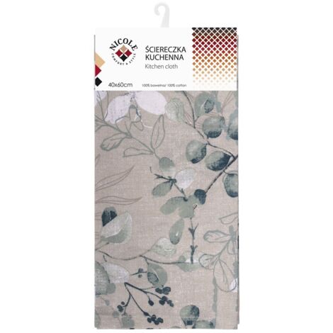 Torchon de cuisine en coton NICOLE 40x60 cm art. 52321 beige impression feuilles vertes et blanches (1/2)