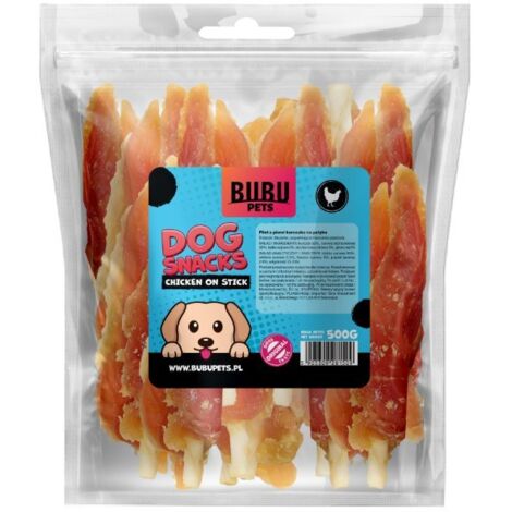 Bubu Pets  Friandises pour chiens  Sachet de 0,5 kg - Filets de blanc de poulet sur bâtonnet de bœuf  500 g