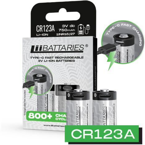 Piles lithium-ion rechargeables haute performance LiiBattaries CR123A USB-C (lot de 2) 750 mAh