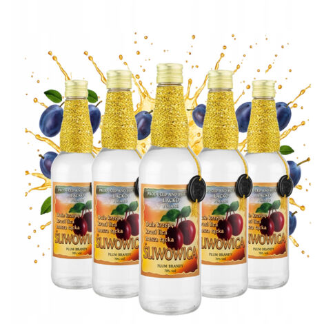 Lot de 5 bouteilles en verre pour Łącka Slivovitz GOLD 0,5 l, décorées, de type Monopol. (1/5)