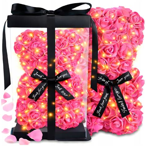 Ours en peluche en pétales de rose - Cadeau de Saint-Valentin/Journée des femmes - Taille XXL - Magnifique + LED