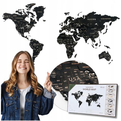 Carte du monde en bois 3D XXL noire 181 x 100 cm, puzzle mural en bois (1/5)