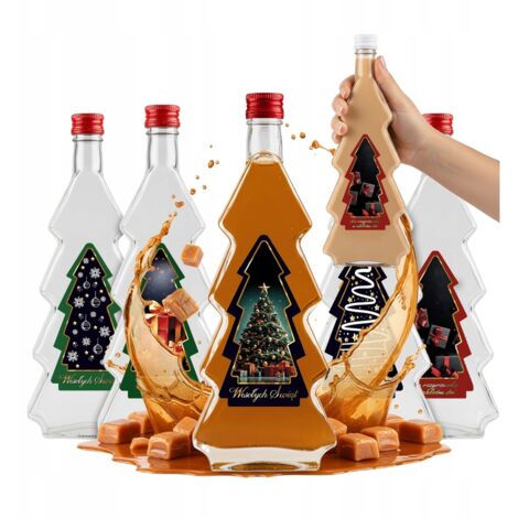 Lot de 5 bouteilles de 500 ml avec étiquette « Sapin de Noël » pour liqueurs de Noël (cadeau). (1/5)