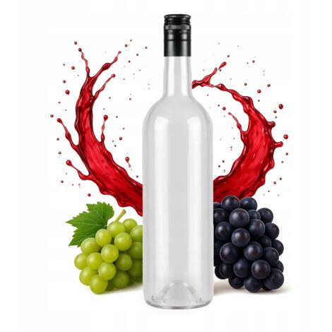 Bouteille de vin transparente de 750 ml (0,75 l) avec bouchon à vis, idéale pour la consommation domestique.