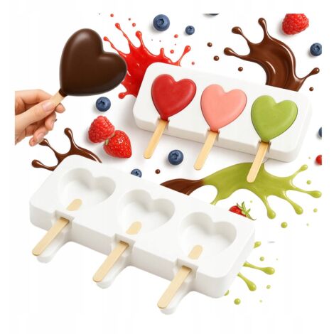 Moule à glace en silicone en forme de cœur (3 pièces) + bâtonnets (50 pièces) (1/5)