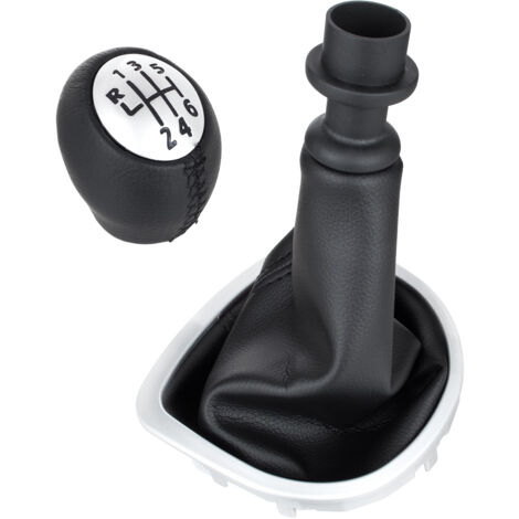 Pommeau de levier de vitesse Renault Clio III 05-12 CUIR ÉCO NOIR + ARGENT + soufflet NOIR avec cadre ARGENT 6 VITESSES
