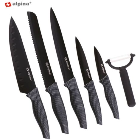 Alpina Couteaux - Ensemble de 6 Pièces - Acier inoxydable - 5 tailles - Couteau Santoku - Couteau à pain - Couteau à viande - Couteau universel - Épluche-légumes - Lames avec revêtement anti-adhérent