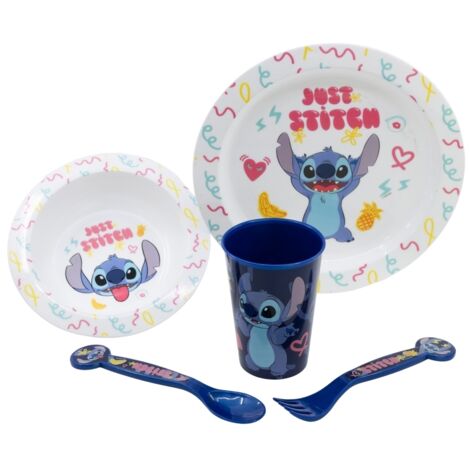 Ensemble de vaisselle pour micro-ondes Disney Stitch - 5 pièces de la collection Palms (assiette, bol, tasse, fourchette, cuillère) (1/3)