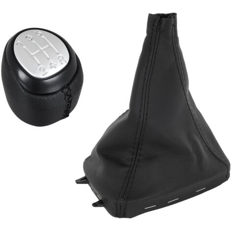 Pommeau de levier de vitesse Saab 9-3 03-12 CUIR ÉCO NOIR + FIL NOIR + ARGENT 5 VITESSES + soufflet de levier de vitesse NOIR + cadre KPL