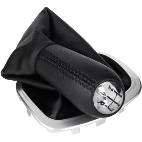 Pommeau de levier de vitesse Renault Clio III 05-12 CUIR ÉCO NOIR + CHROME + soufflet NOIR avec cadre ARGENT 5 VITESSES