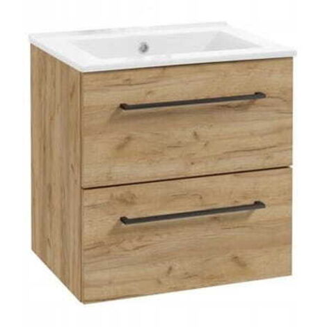 Meuble de salle de bain suspendu avec vasque 50 cm – Chêne artisanal – Fermeture amortie – 2 tiroirs – Installation à monter soi-même