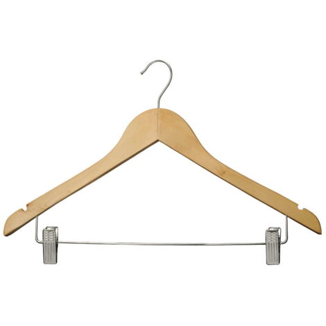 Cintre en bois pour vêtements avec des pinces pour pantalons et jupes et barre transversale en métal (1/2)