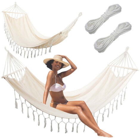 Hamac Suspendu Deux Places Pour Jardin 200 Cm Avec Barres En Bois Naturel Pour Détente Confortable Extérieur (1/5)