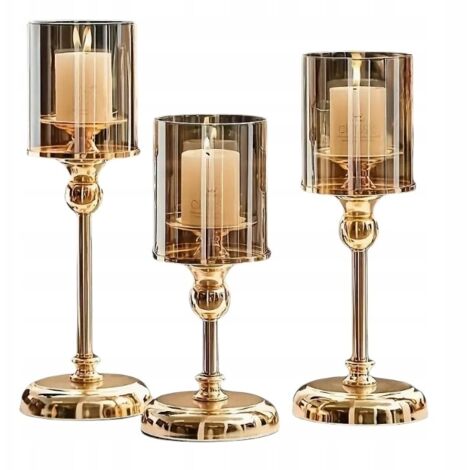Élégant ensemble de 3 pièces de bougeoirs en verre doré bougeoir doré (1/5)