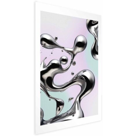Affiche - Fluidités métalliques - formes argentées abstraites sur fond violet menthe (1/4)