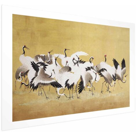 Affiche - Grues japonaises - un vol d'oiseaux sur fond doré, d'après une peinture d'Ishida Yūtei (1/4)